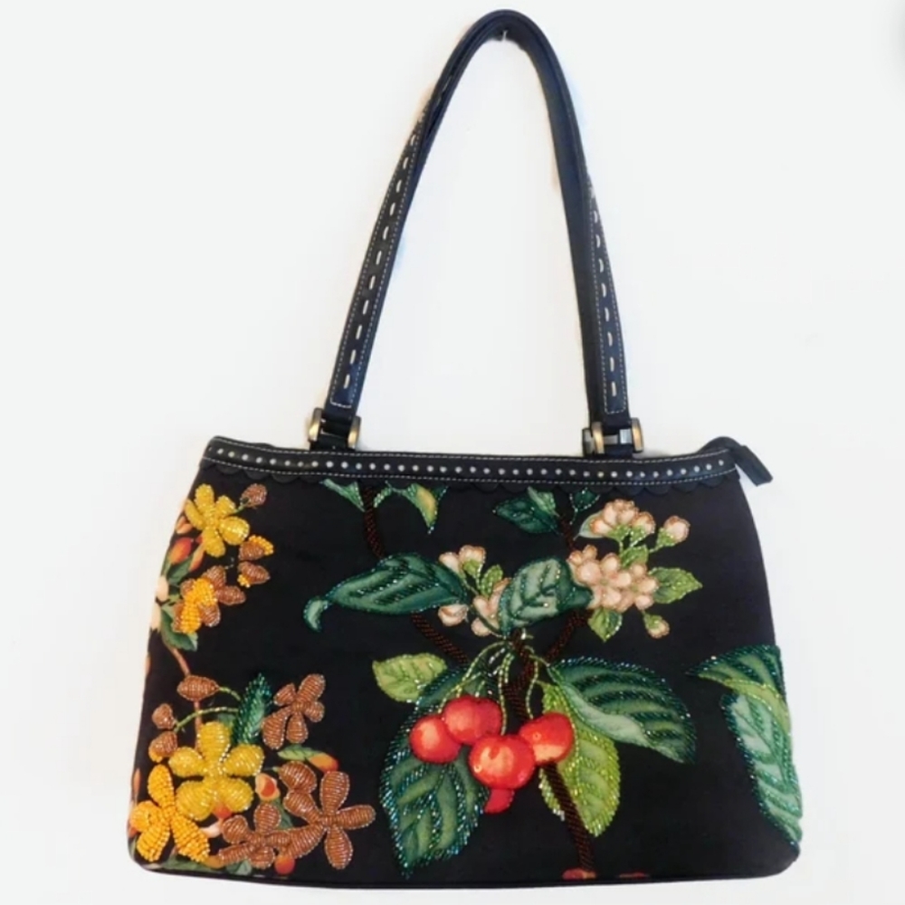 Y2K Gothic ISABELLA FIORE Beaded Floral Black Cherry Handbag
